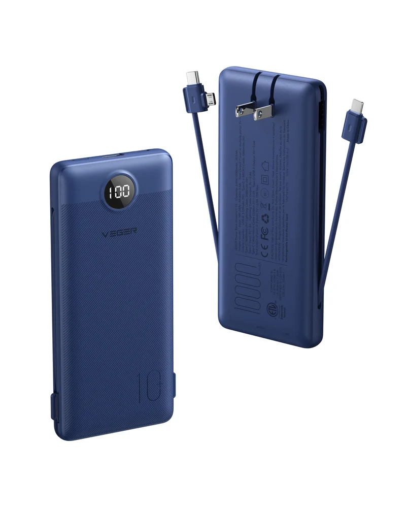 10000mAh Portable Charger Power Bank with Built-in AC Plug and Cables