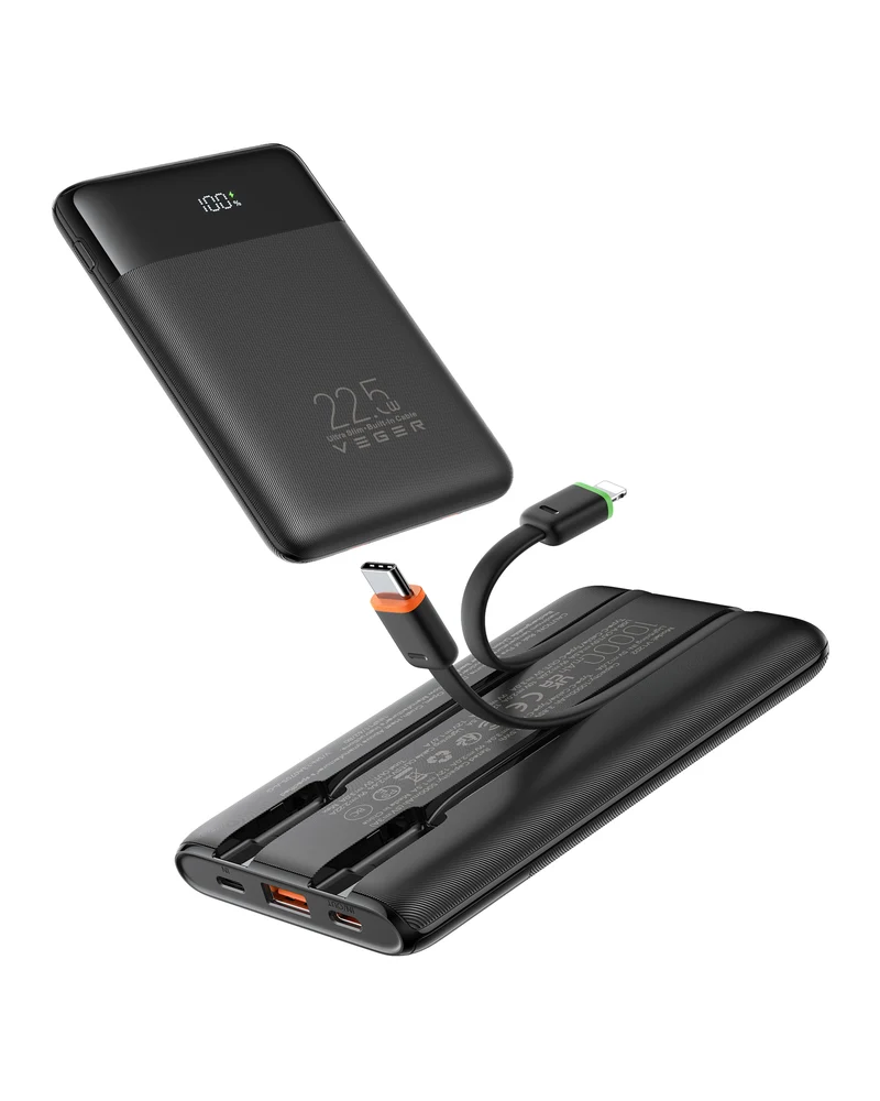 10000mAh Portable Charger with Built-in Cables (22.5W PD Fast Charging, 4 Outputs 3 Inputs)