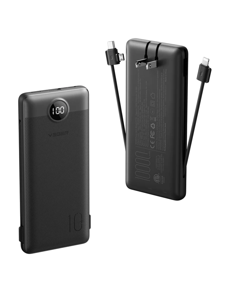 10000mAh Ultra Slim Power Bank with Built-in AC Plug & Cables