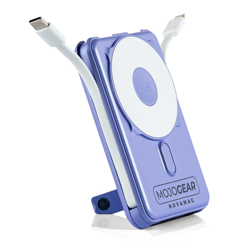 MOJOGEAR NovaMag All-in-1 Powerbank 10.000 mAh – Kabelloses Qi2 & integrierte Kabel – Lila