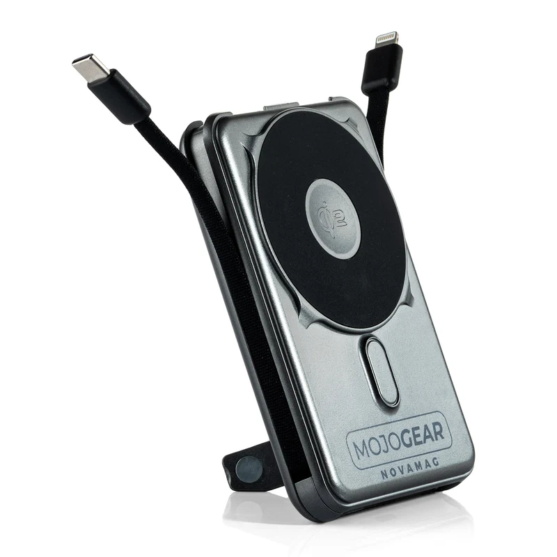 MOJOGEAR NovaMag All-in-1 Powerbank 10.000 mAh – Kabelloses Qi2 & integrierte Kabel – Grau