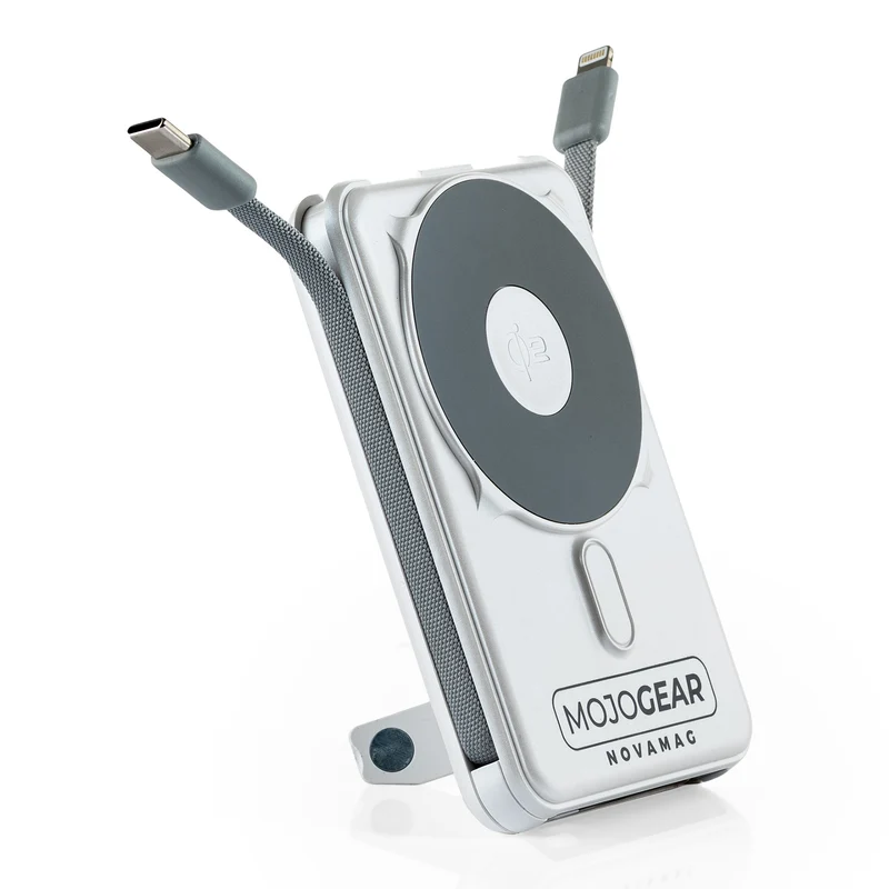 MOJOGEAR NovaMag All-in-1 Powerbank 10.000 mAh – Kabelloses Qi2 & integrierte Kabel – Weiß