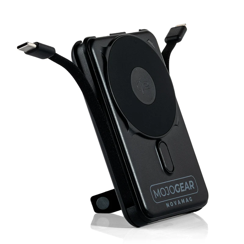 MOJOGEAR NovaMag All-in-1 Powerbank 10.000 mAh – Kabellos Qi2 & Integrierte Kabel – Schwarz