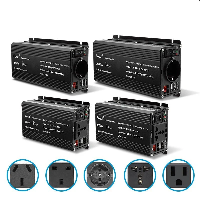 Reine Sinuswelle 350 W–2600 W, schwarzes Modell, 12 V auf 110 V–240 V Wechselrichter