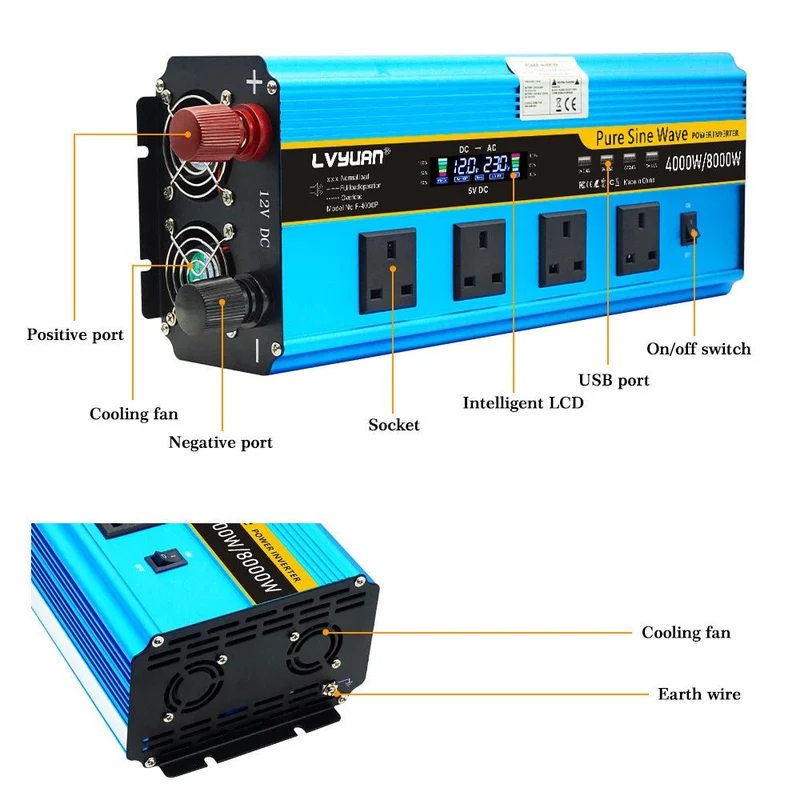 Sinuswelle 1000 W-6000 W Plug-In-Modell 12 V 24 V bis 110 V-240 V Wechselrichterhersteller angepasst