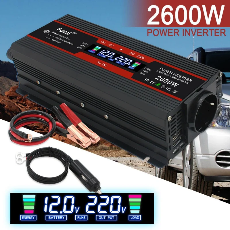 Modifizierter Sinuswellen-Wechselrichter, 1000–2600 W, LCD, 12 V, EU, Schwarz