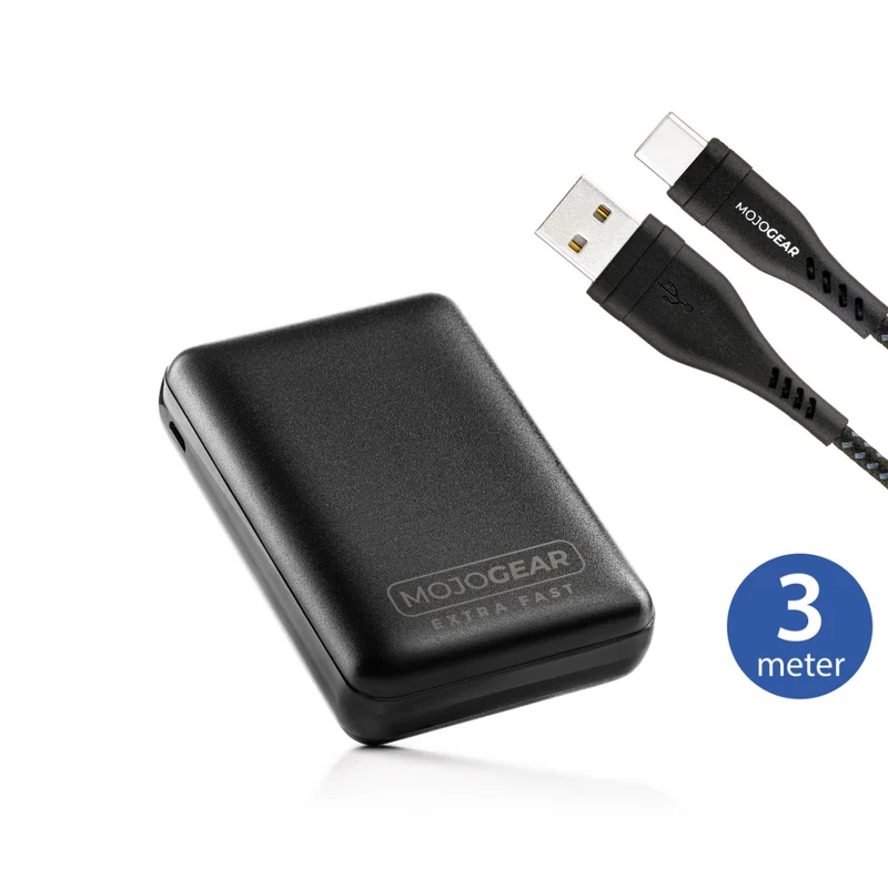 MOJOGEAR MINI EXTRA FAST 10.000 mAh Powerbank mit USB-C auf USB Kabel Extra Stark 3m