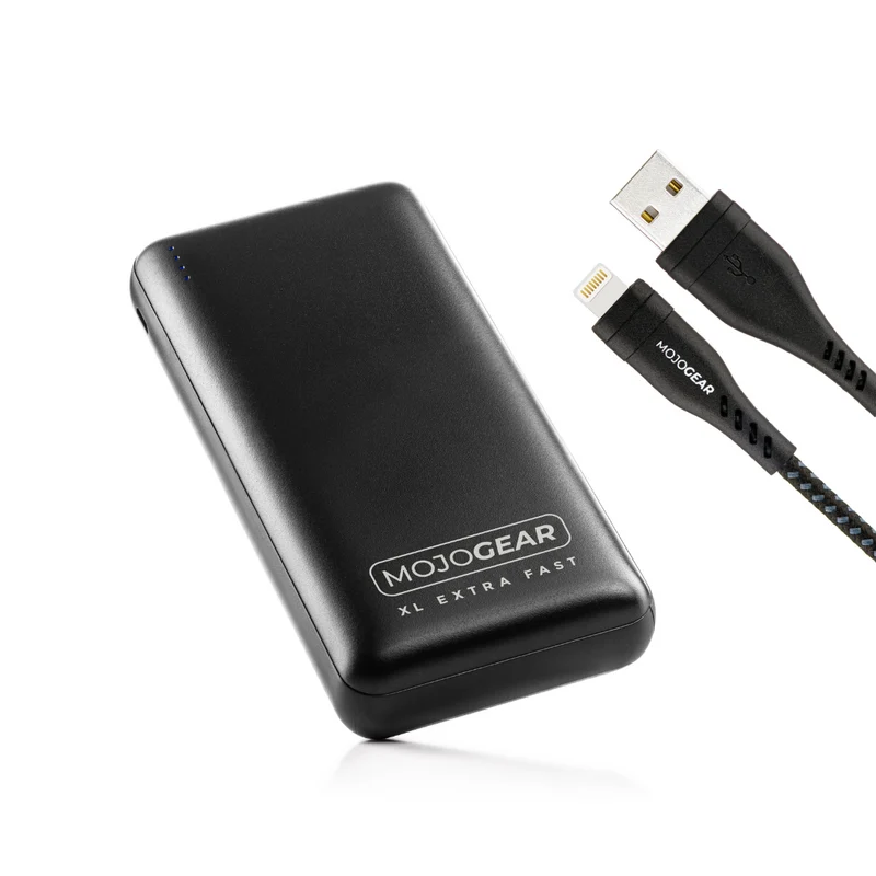 MOJOGEAR MINI XL 20.000 mAh EXTRA SCHNELLE Powerbank mit Apple Lightning auf USB Kabel Extra Stark