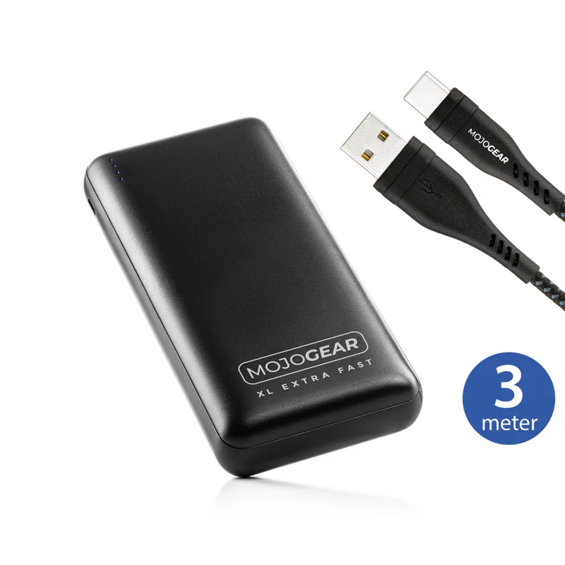 MOJOGEAR MINI XL 20.000 mAh EXTRA SCHNELLE Powerbank mit USB-C auf USB Kabel Extra Stark 3m