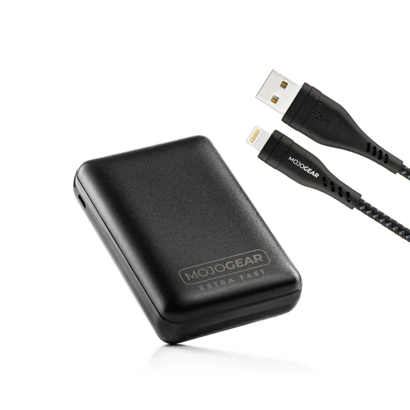 MOJOGEAR MINI EXTRA FAST 10.000 mAh Powerbank mit Apple Lightning auf USB Kabel Extra Stark