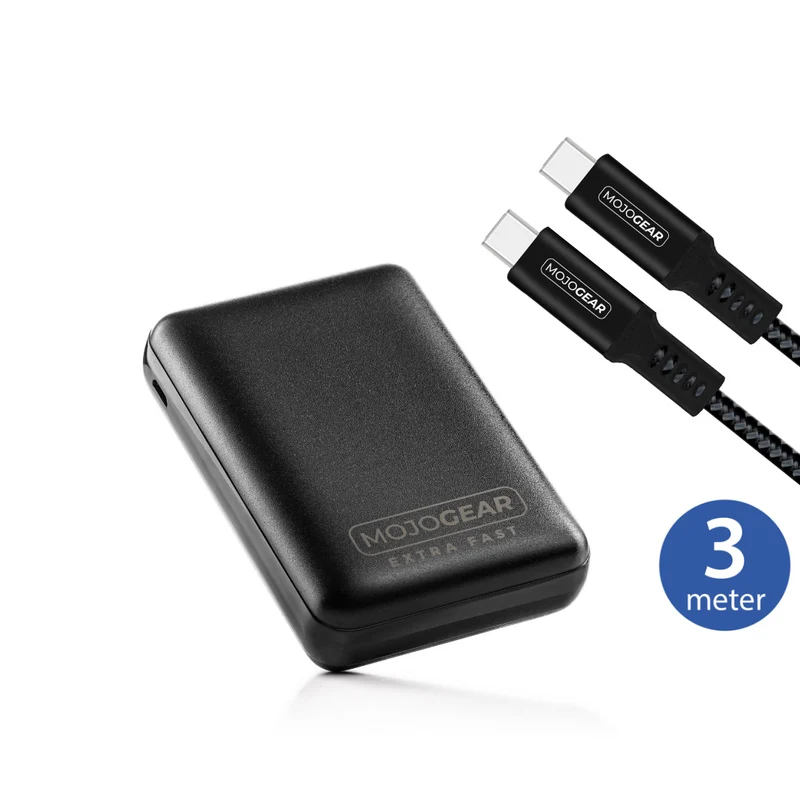 MOJOGEAR MINI EXTRA FAST 10.000 mAh Powerbank mit USB-C auf USB-C Kabel 100W USB 3.1 Extra Stark 3m