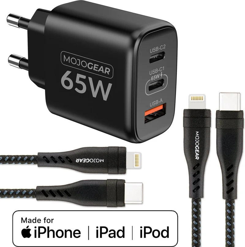 MOJOGEAR CHARGE+ 65W Schnellladegerät für iPhone & iPad mit 2x Lightning auf USB-C Kabel 1,5 Meter