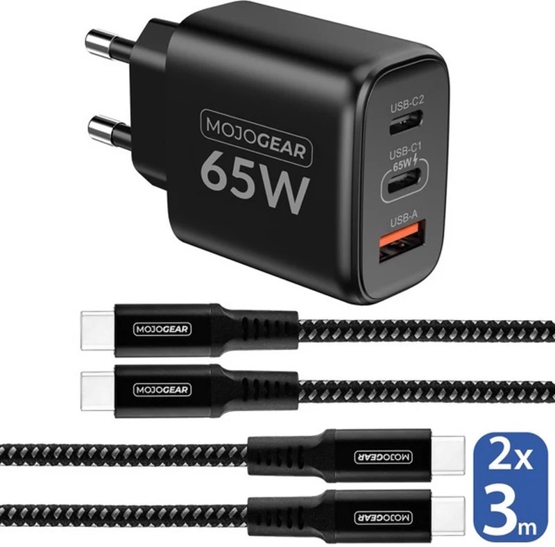 MOJOGEAR CHARGE+ 65W Schnellladegerät mit 2x USB-C auf USB-C Kabel 3 Meter