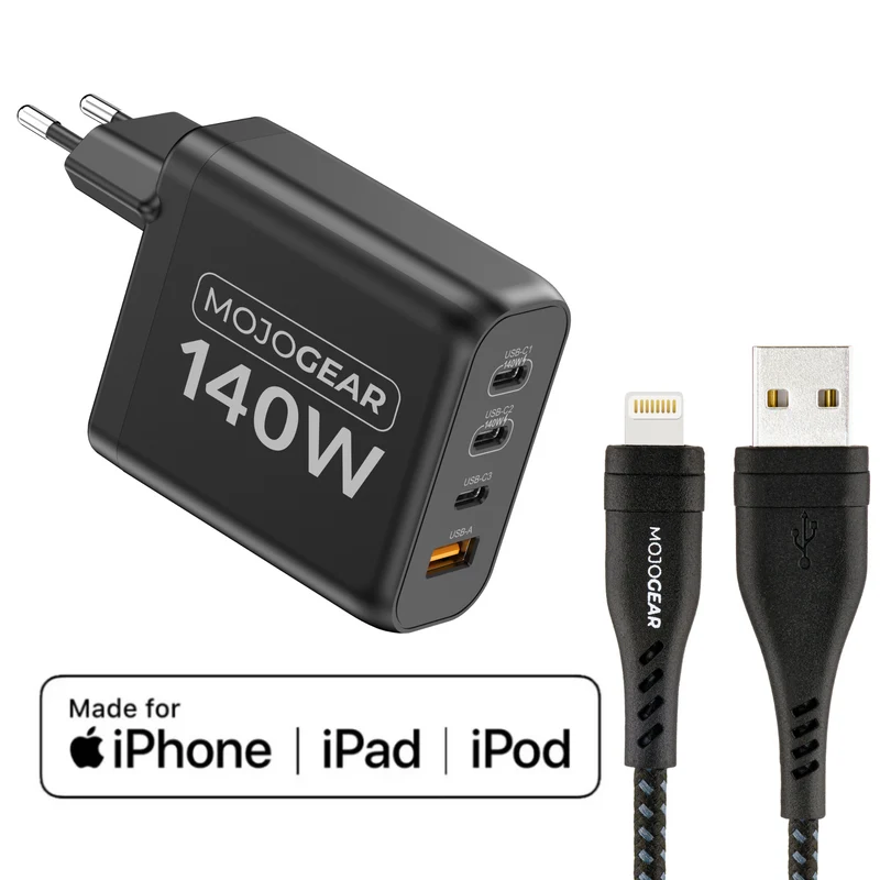 MOJOGEAR CHARGE+ 140 Watt Ladegerät mit USB auf Lightning Kabel 1,5 Meter | iPhone Schnellladegerät