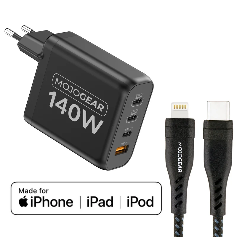 MOJOGEAR CHARGE+ 140 Watt Ladegerät mit USB-C auf Lightning Kabel 1,5 Meter | iPhone Schnellladegerät