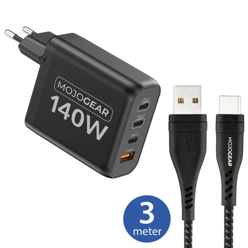 MOJOGEAR CHARGE+ 140 Watt Ladegerät mit USB auf USB-C Kabel 3 Meter | Passend für Samsung/iPhone 15/16