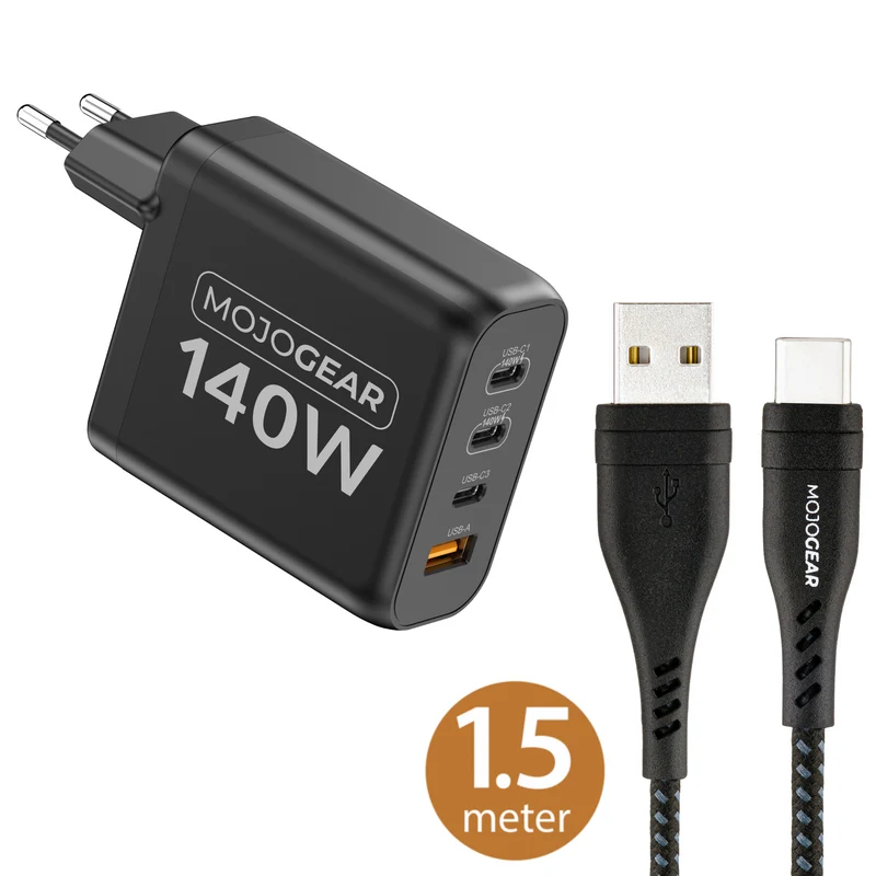 MOJOGEAR CHARGE+ 140 Watt Ladegerät mit USB auf USB-C Kabel 1,5 Meter | Passend für Samsung/iPhone 15/16