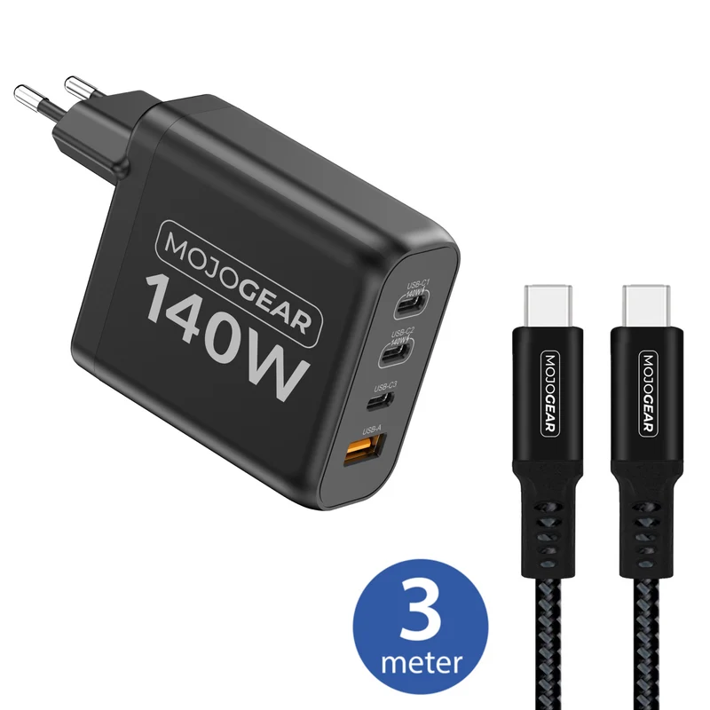 MOJOGEAR CHARGE+ 140 Watt Ladegerät mit USB-C auf USB-C Kabel 3 Meter | Passend für Samsung/iPhone 15/16