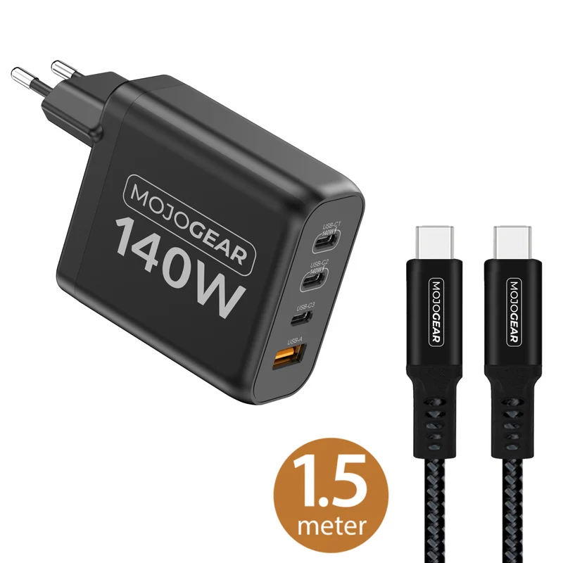 MOJOGEAR CHARGE+ 140 Watt Ladegerät mit USB-C auf USB-C Kabel 1,5 Meter | Passend für Samsung/iPhone 15/16