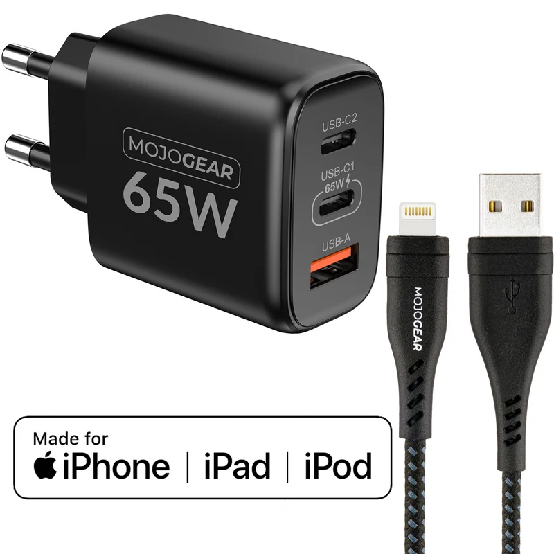 MOJOGEAR CHARGE+ 65W Ladegerät für iPhone & iPad mit Lightning auf USB Kabel 1,5 Meter | iPhone Schnellladegerät