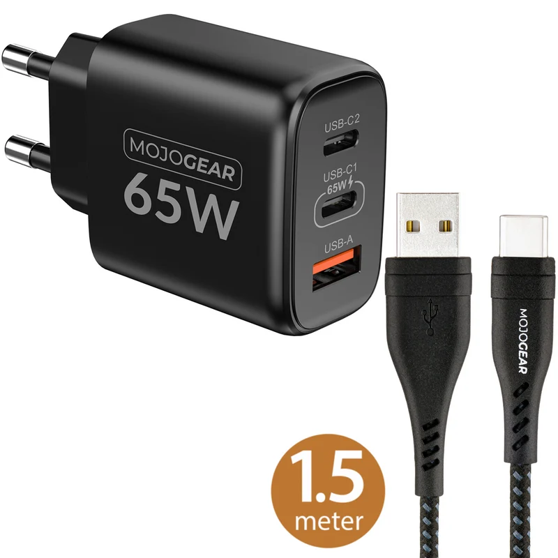 MOJOGEAR CHARGE+ 65W Schnellladegerät mit USB-auf-USB-C-Kabel 1,5 Meter | Passend für Samsung/iPhone 15/16
