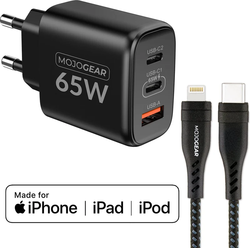 MOJOGEAR CHARGE+ 65W Schnellladegerät für iPhone & iPad mit Lightning auf USB-C Kabel 1,5 Meter | iPhone Schnellladegerät