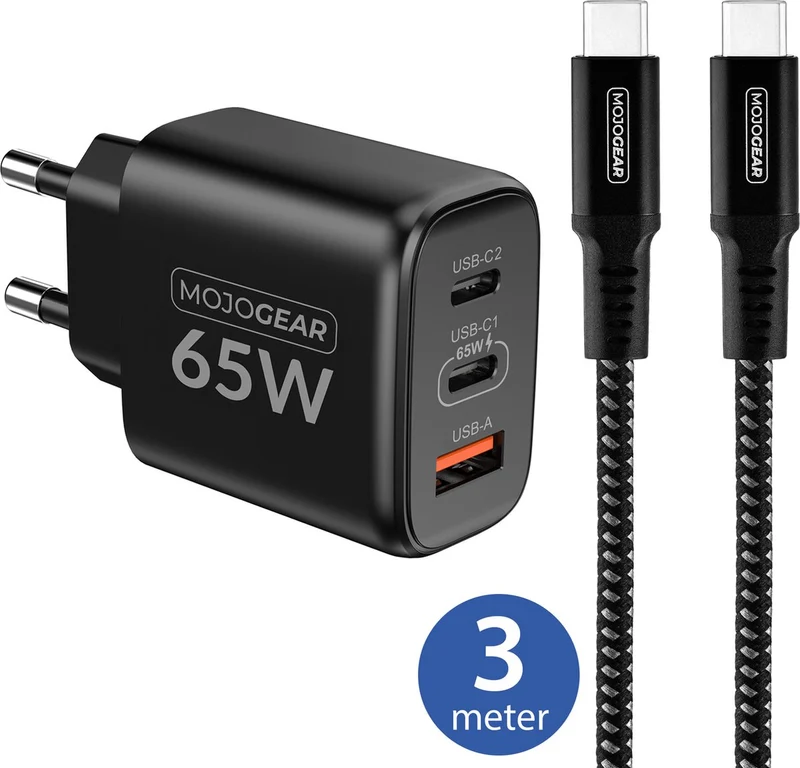 MOJOGEAR CHARGE+ 65W Schnellladegerät mit USB-C auf USB-C Kabel 3 Meter | Passend für Samsung/iPhone 15/16