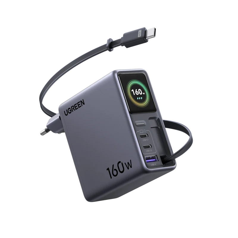 UGREEN Nexode Pro Smart Display Charger (160W, 4-Port, GaN, Retractable Cable, App Control)