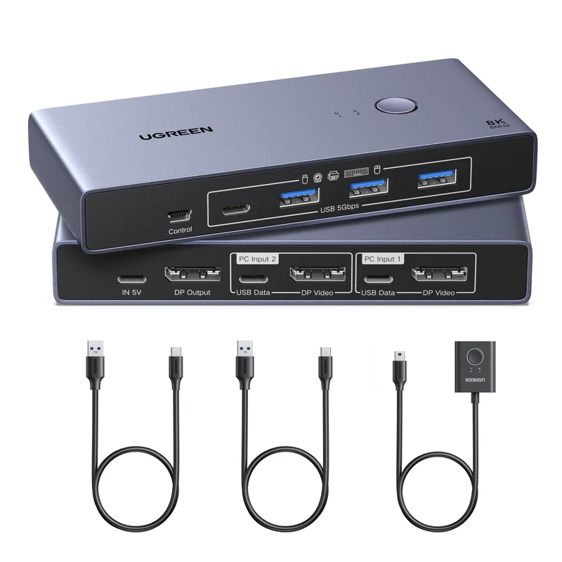 UGREEN DisplayPort KVM Switch 2 PCs 1 Monitor (DP 1.4, 8K@60Hz, 4 USB 3.0 Ports)