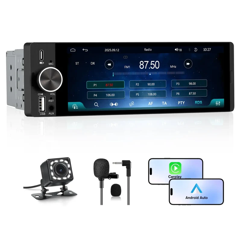AWESAFE Single DIN Car Stereo with CarPlay and Android Auto, Radio 1 din with Reversing Camera FM AM RDS Type-C USB Port Function