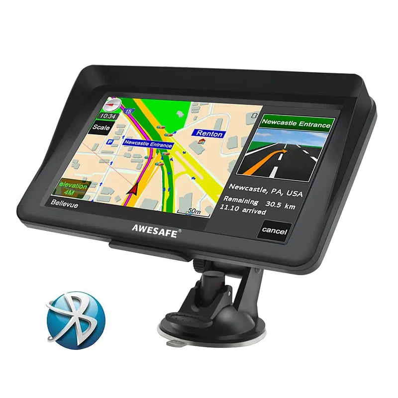 AWESAFE Navigateur GPS 7 pouces avec pare-soleil, Bluetooth et mises à jour cartographiques à vie pour l'Europe