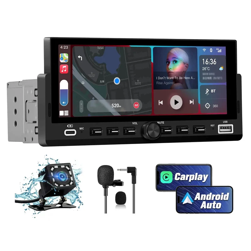 AWESAFE Universal Single Din Car Stereo with Wireless CarPlay & Android Auto Bluetooth SWC USB FM Radio