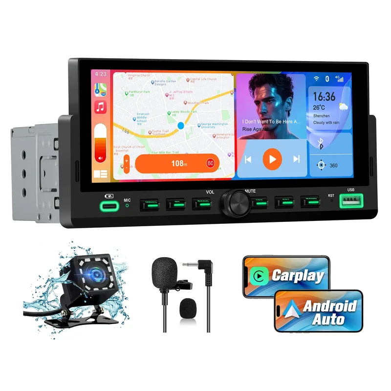 AWESAFE Autoradio 1 DIN avec Écran Tactile HD 6,86" ,CarPlay & Android Auto sans Fil Bluetooth FM Caméra et microphone