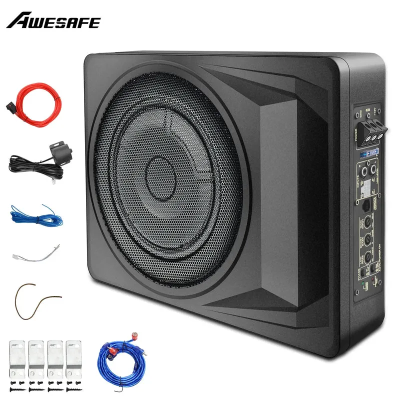 AWESAFE 10 inch Slim Under Seat Car Subwoofer with Built-in Amplifier | High/Low Level Inputs | Remote Bass Control