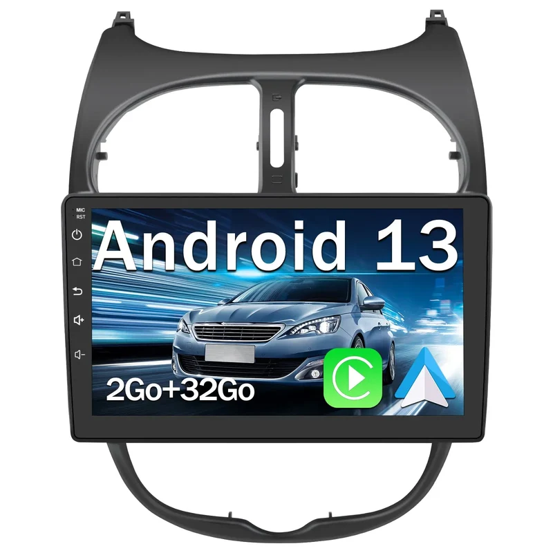 AWESAFE Autoradio Android 13 10 Pouces pour Peugeot 206 2002-2010, GPS Navigation, 2+32Go, Mirror Link, FM, Bluetooth, USB, WIFI, Carplay Android Auto, Aide Stationnement, Commandes Volant