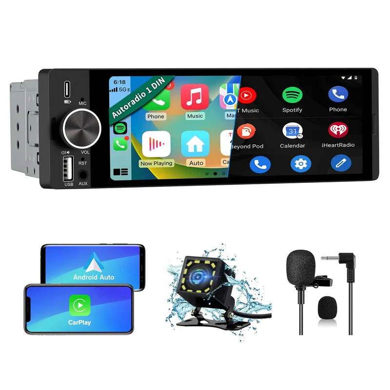 AWESAFE Car Stereo 1-DIN HD 6.36 Inch with Wireless CarPlay & Android Auto GPS Bluetooth USB FM Radio