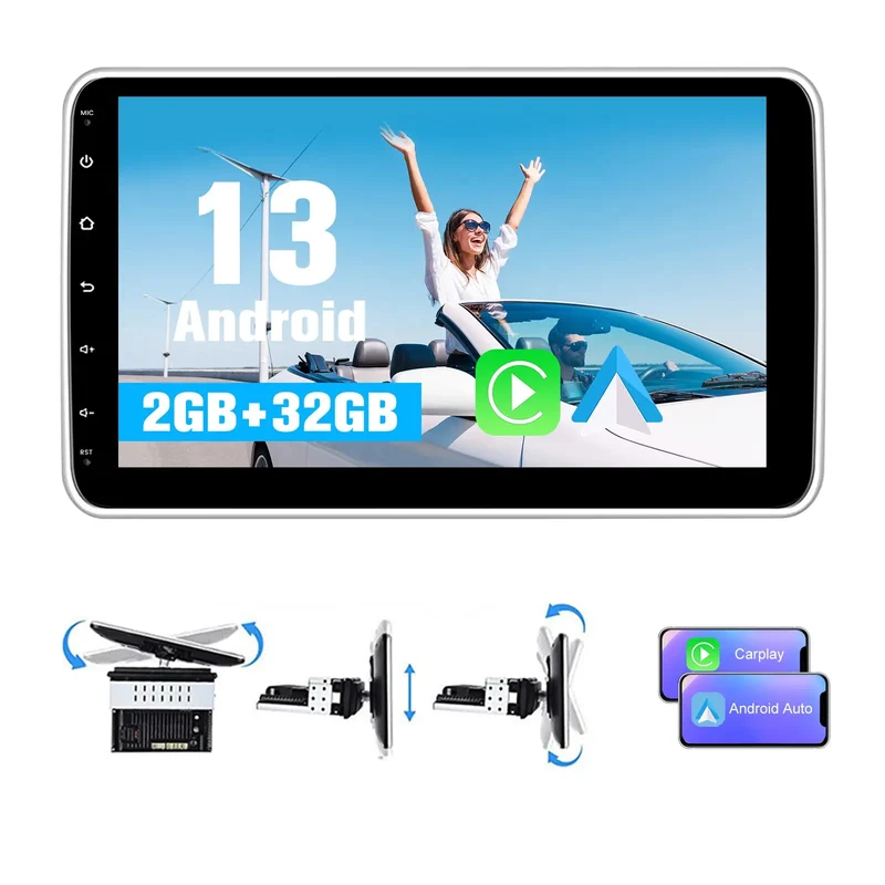 AWESAFE Android 13 [2GB+32GB] Single Din Car Stereo Rotatable 10.1 Inch with CarPlay GPS WiFi USB