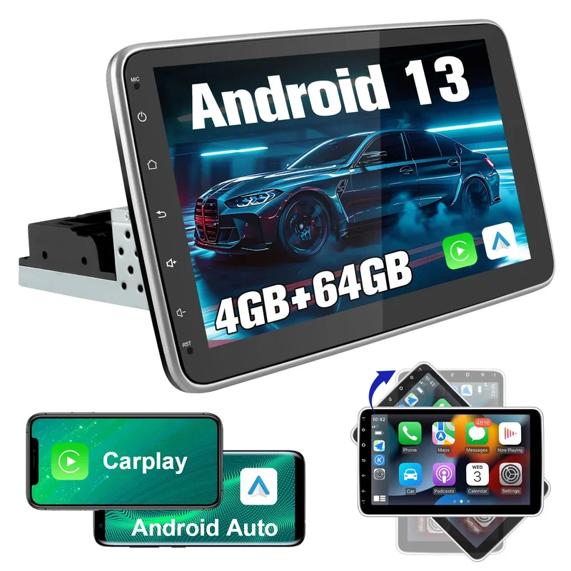 AWESAFE 2 DIN Autoradio mit Navi und Rückfahrkamer,Unterstützt DAB+,Android auto&Apple Carplay,10.1 Zoll Android 13 Radio mit 90° drehbarer Bildschirm