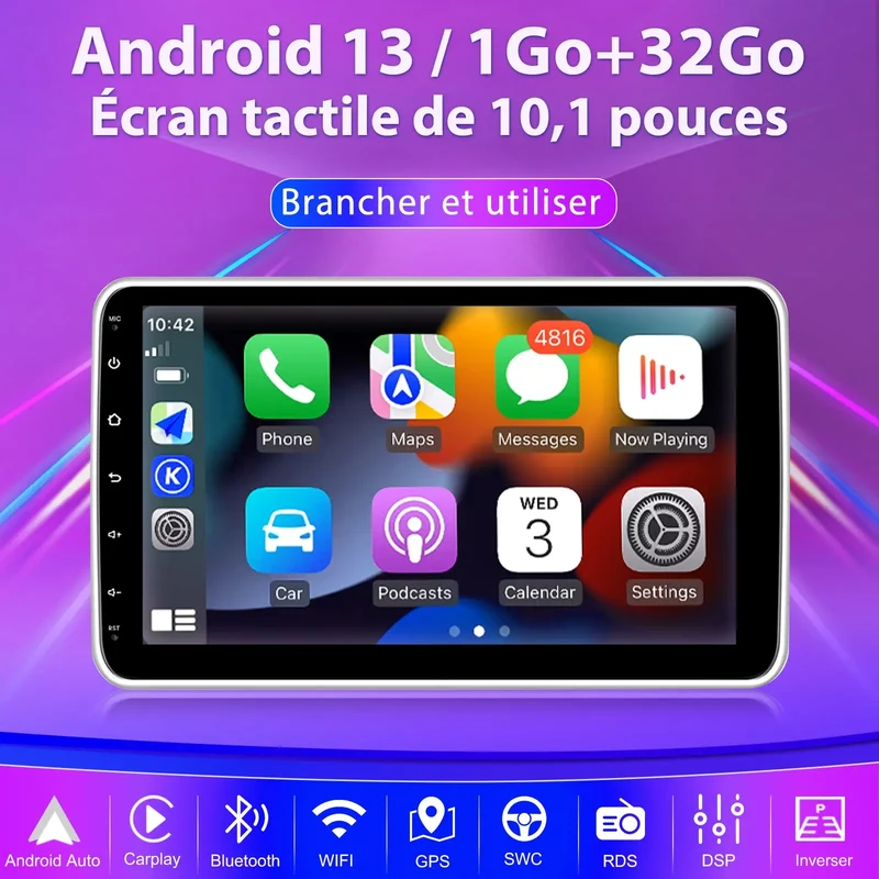 AWESAFE 1 DIN Autoradio Android 13 - Écran Tactile 10,1 Pouces (1 Go+32 Go / 2 Go+64 Go) avec Caméra Recul, Bluetooth, GPS, Android Auto et Carplay sans fil