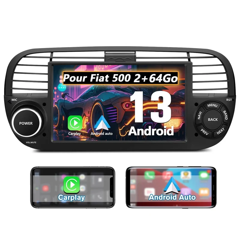 AWESAFE Autoradio pour Fiat 500 2007-2015 - 7" 2+64GB Android 13 avec Bluetooth, DSP, sans fil Android Auto & CarPlay