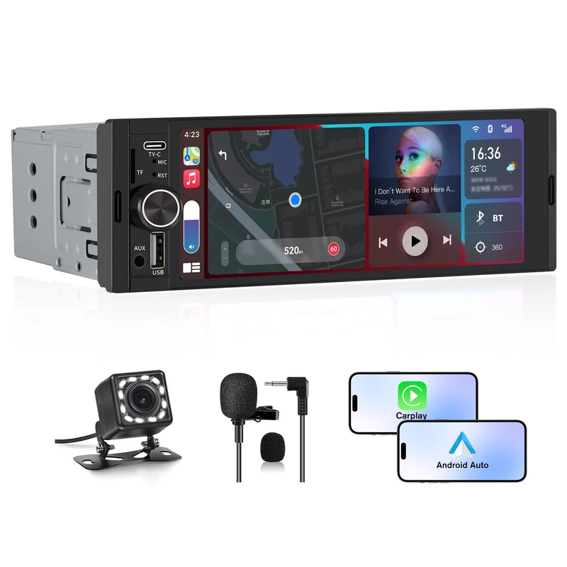 AWESAFE Autoradio 1 DIN avec Bluetooth 5.0, CarPlay et Android Auto – Écran tactile de 6,36 pouces, lecteur multimédia avec Mirror Link, radio FM RDS, ports USB et Type-C, Microphone, Caméra de Recul