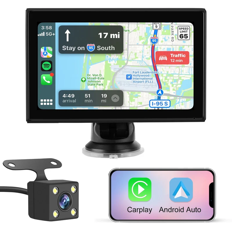 AWESAFE Autoradio Portable 7 Pouces avec Caméra de Recul - CarPlay Sans Fil & Android Auto - FM/AUX/Bluetooth 5.0 - Compatible 7-32V Voitures et Camions