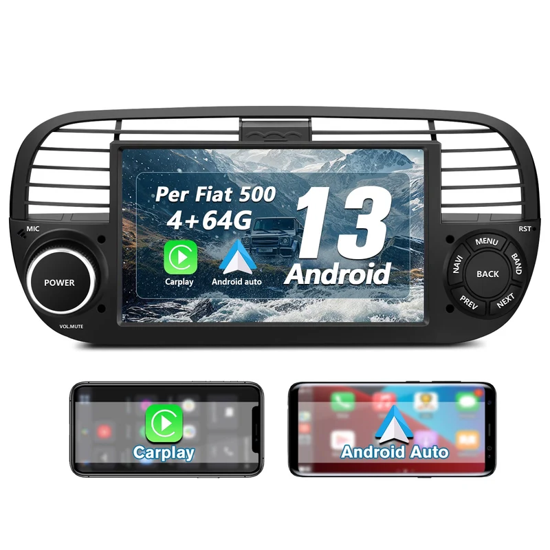 AWESAFE Autoradio Android 13 4+64GB con Schermo Touchscreen 7 Pollici - Per Fiat 500 2007-2015 - Bluetooth, Navigazione GPS, CarPlay e Android Auto