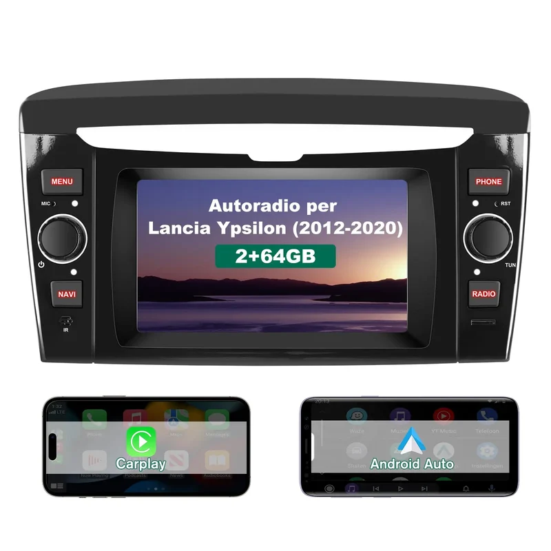 AWESAFE Autoradio Android 13 2+64GB Nero con Schermo Touchscreen 7 Pollici - Per Lancia Ypsilon 2012-2020 - Bluetooth/WiFi/Mirror Link con CarPlay Wireless e Android Auto