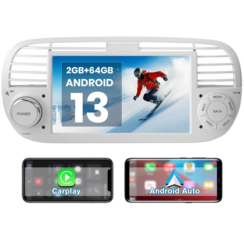AWESAFE Autoradio Android 13 2+64GB Bianco con Schermo Touchscreen HD 7 Pollici - Per Fiat 500 2007-2015 - Telecamera Posteriore, Bluetooth/Mirror Link con CarPlay Wireless e Android Auto