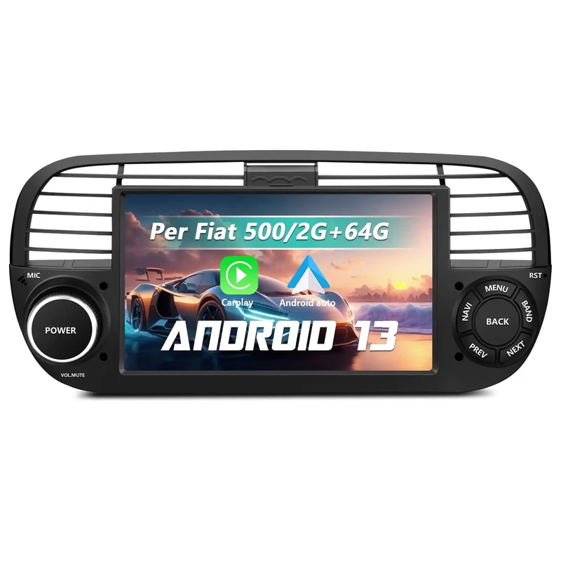 AWESAFE Nero Autoradio Android 13 2+64GB con Schermo Touchscreen HD 7 Pollici - Per Fiat 500 2007-2015 - Telecamera Posteriore, Bluetooth/Mirror Link con CarPlay Wireless e Android Auto