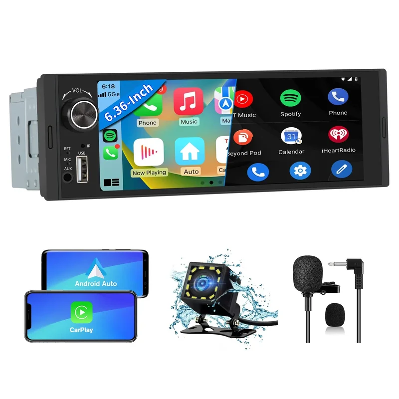 AWESAFE 1DIN Estéreo para coche con Inalambrico Carplay & Android Auto ,6.36 pulgadas mit Mirror Link Bluetooth Transmisor FM+Cámara Trasera+micrófono