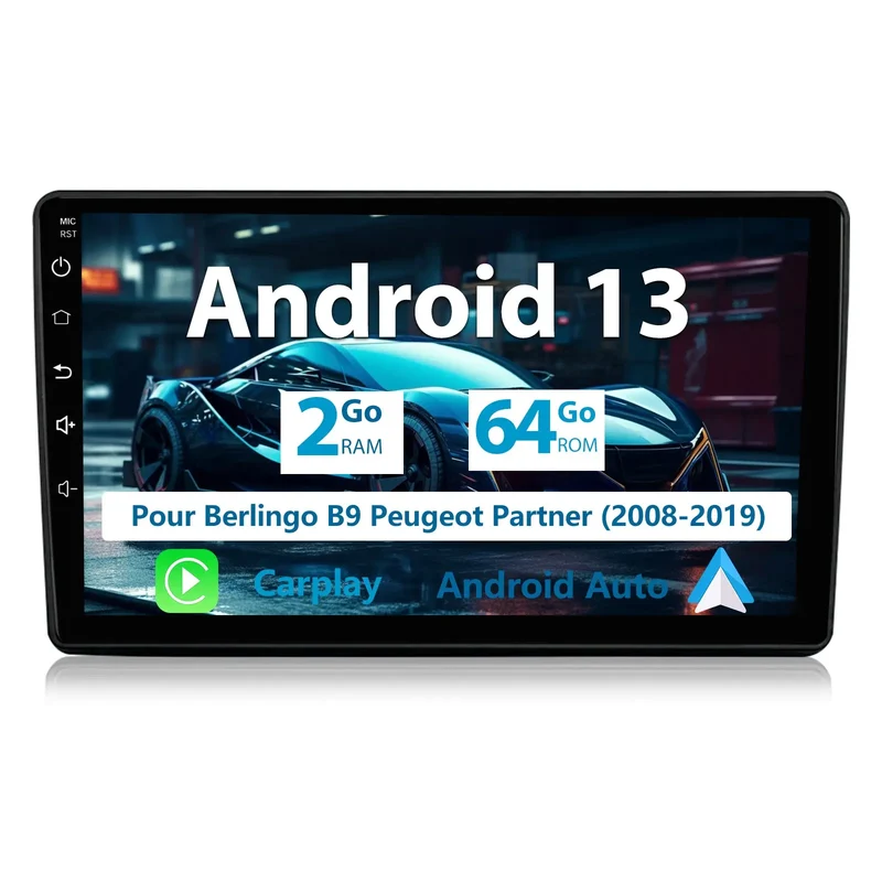 AWESAFE Android 13 Radio de Coche 9 Pulgadas 2GB+64GB con Bluetooth/GPS/FM, CarPlay Inalámbrico y Android Auto - Berlingo B9 y Peugeot Partner 2008-2019