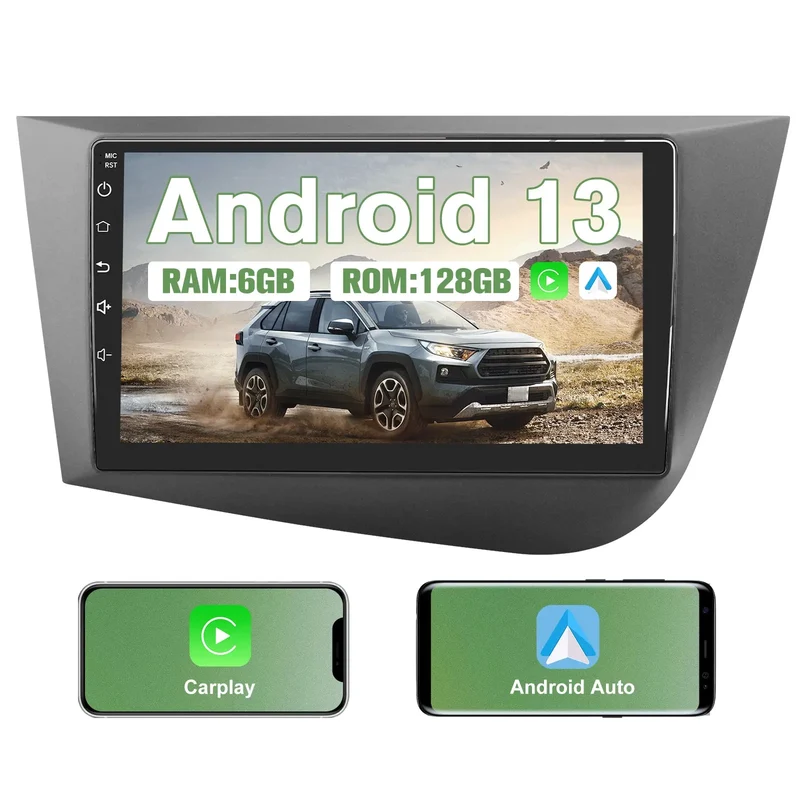 AWESAFE Android 13 Radio de Coche 9 Pulgadas 6GB+128GB con Bluetooth/GPS/FM/4G, CarPlay Inalámbrico y Android Auto - Pare Seat Leon MK2 (2005-2012)