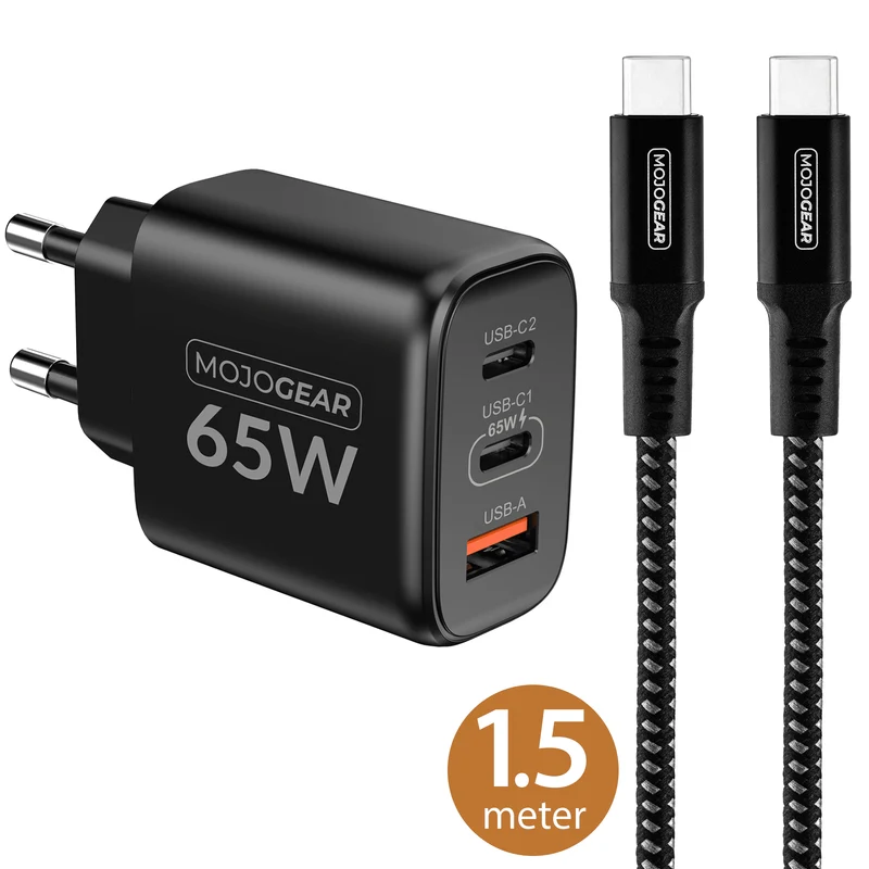 MOJOGEAR CHARGE+ Combo: 65W Ladegerät mit 1,5 Meter USB-C Kabel | Passend für Samsung/iPhone 15/16